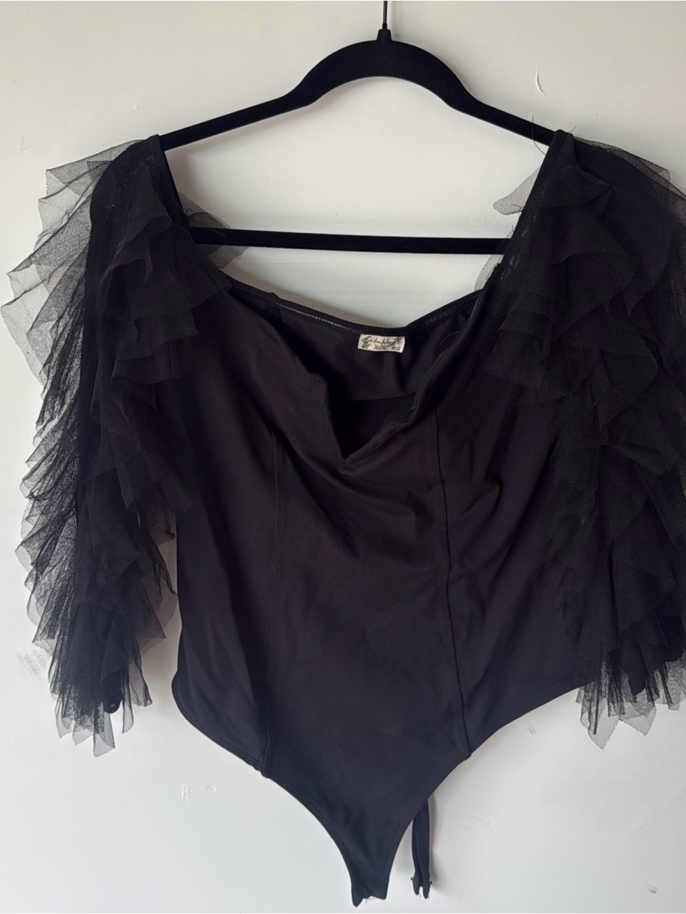 Free People Black Ruffled Tulle Sleeve Bodysuit
